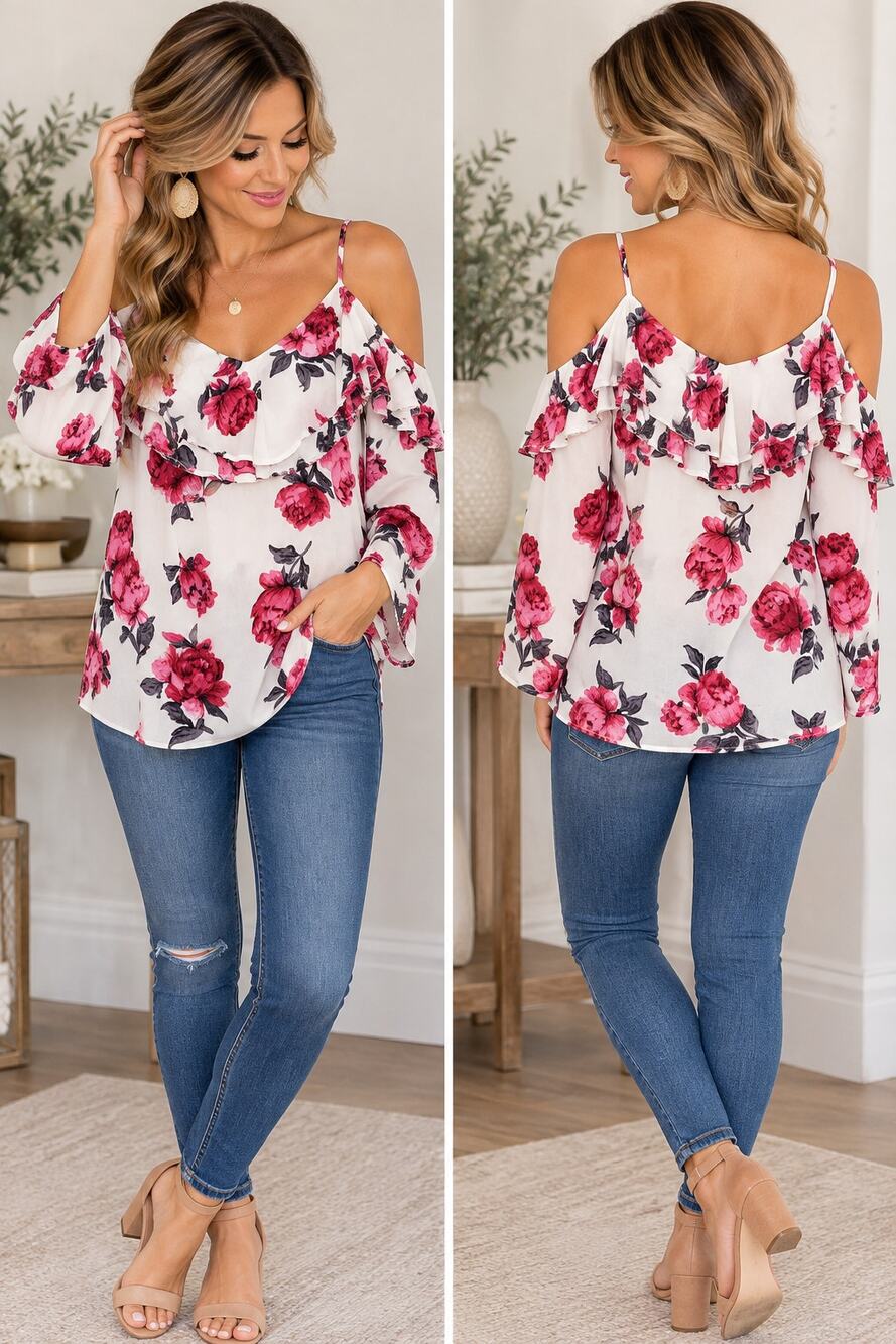 Kori America Floral Cold Shoulder Long Sleeve Ruffle Blouse Size S